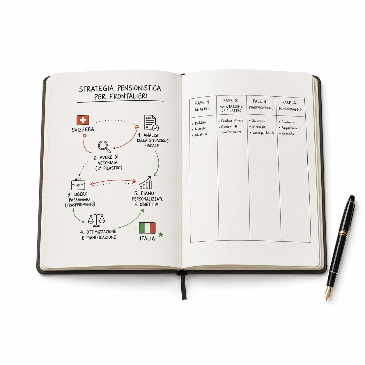 Schema disegnato a mano della strategia pensionistica per frontalieri, con le fasi di analisi, valutazione del secondo pilastro, pianificazione e monitoraggio